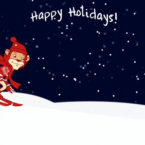 a cartoon of a lion skiing with the words happy holidays behind him