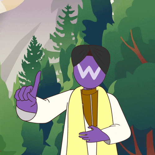 a cartoon character with a purple head and a white w on it giving a thumbs up