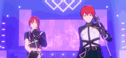 two anime characters are standing next to each other on a stage and singing into microphones .