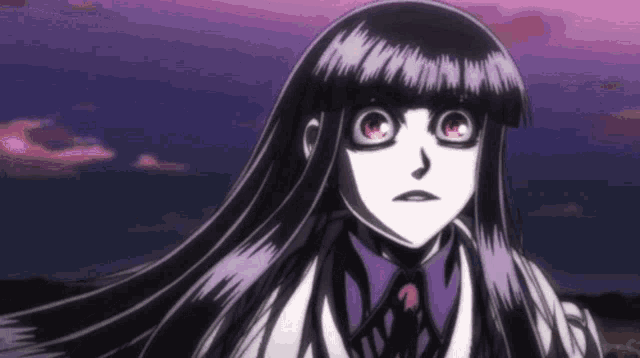 a girl with long black hair and red eyes