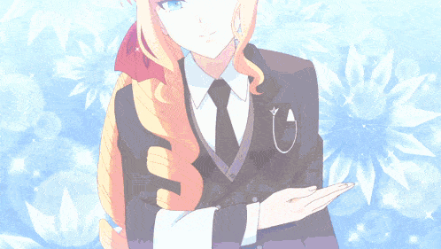 a girl with blonde hair is wearing a suit and tie with a star pin on her jacket
