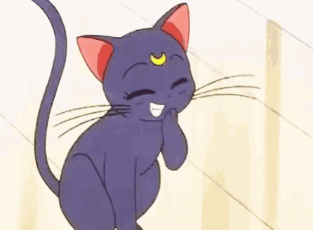 a cartoon cat with a crescent moon on its head is sitting down and laughing .