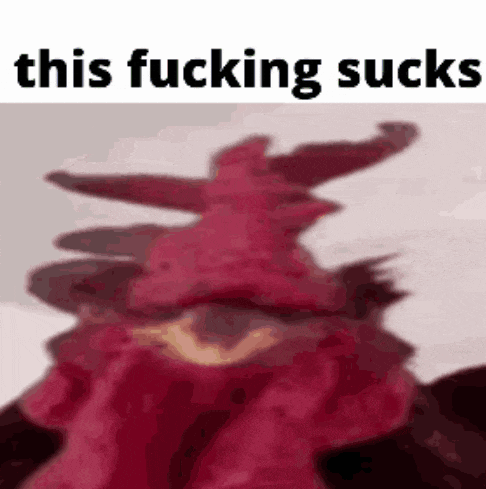 a close up of a red chicken with the words `` this fucking sucks '' written on it .