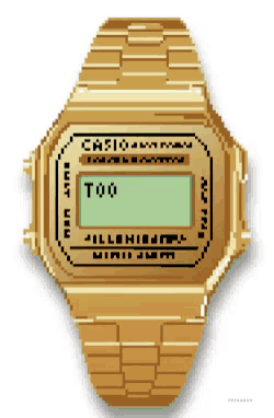 a pixel art of a gold casio watch that says too on it