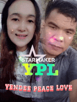 a picture of a man and a woman with the words " yendee peace love " on the bottom