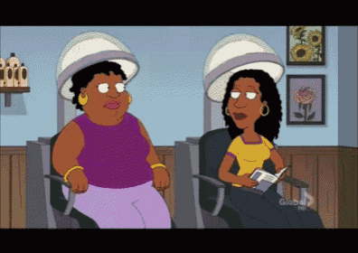 a cartoon of two women in a hair salon with the words global on the bottom right