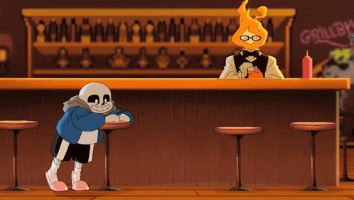 a cartoon drawing of sans and a bartender with a sign that says grilled cheese