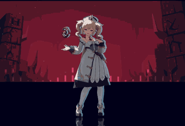 a girl in a white dress stands in front of a red background with the letter h visible