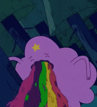 princess lumpy from adventure time is vomiting a rainbow of candy .