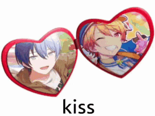 a couple of hearts with two anime characters in them and the word kiss on the bottom .
