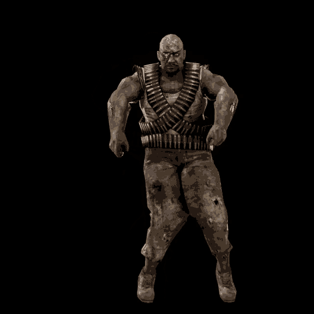 a man with a bullet belt around his waist has a tattoo on his face