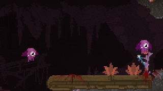 a pixel art of a purple monster holding a sword in a cave
