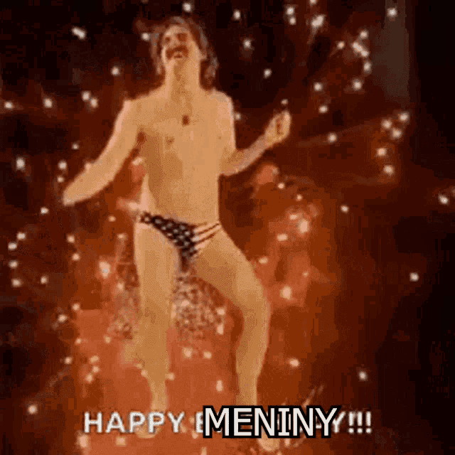 a shirtless man in american flag underwear is dancing on a stage with the words happy meniny written on the bottom .