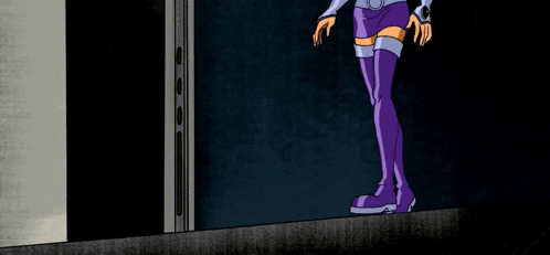 a cartoon character is standing in a dark room wearing purple boots