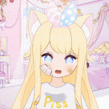 a cartoon girl with blonde hair and blue eyes is wearing a shirt that says piss on it