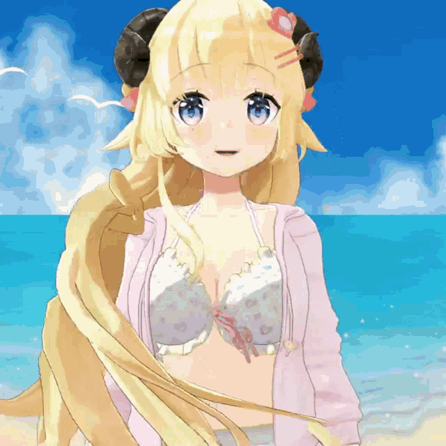 a girl with horns on her head is standing on the beach