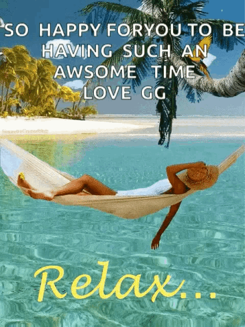 a picture of a woman laying in a hammock in the ocean with the words relax below
