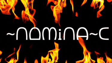a black background with flames and the word nomina-c