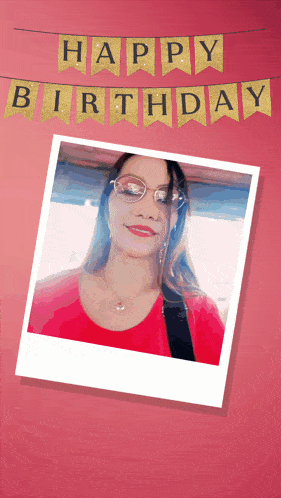 a happy birthday card with a picture of a woman in a red shirt