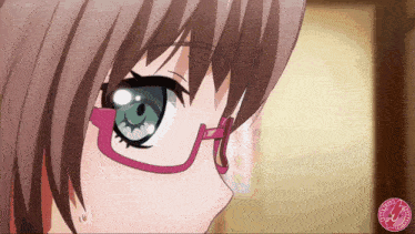 a close up of a girl 's face with glasses and a circle that says tokyo ghoul