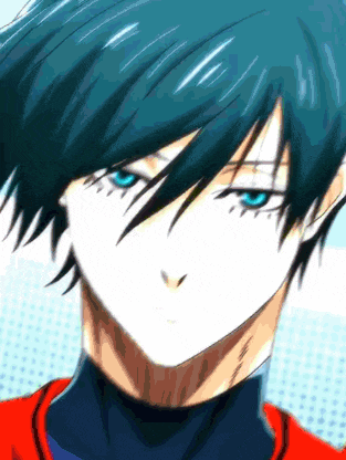 a close up of a person 's face with blue hair and blue eyes