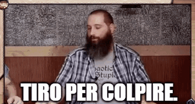 a man with a beard is wearing a plaid shirt that says taotic stupid
