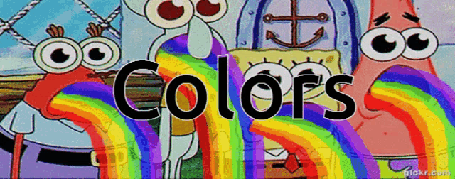 a cartoon of spongebob and patrick saying colors with a rainbow