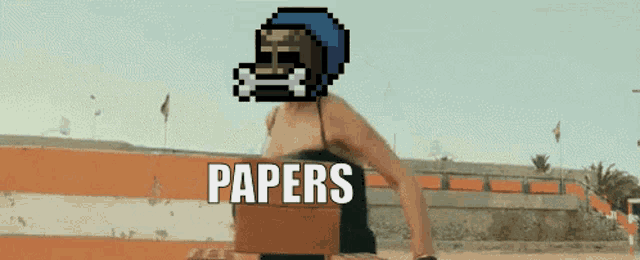 a pixel art of a man with a skull and crossbones on his head with the word papers below him