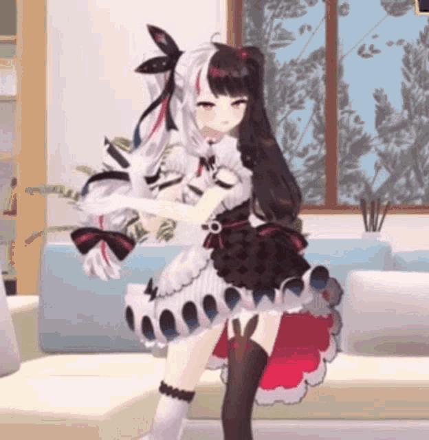 a 3d anime girl is dancing in a living room while standing next to a couch .