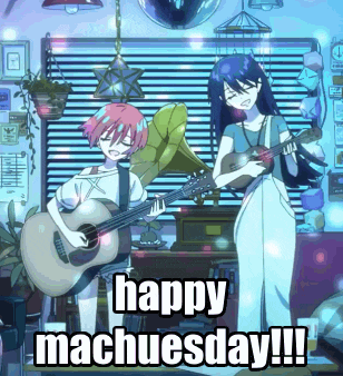 two anime girls singing and playing guitars with the words happy machuesday on the bottom