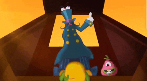 a cartoon character with a top hat and a mustache is standing next to a pear