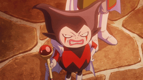a cartoon character is holding a wand and making a funny face