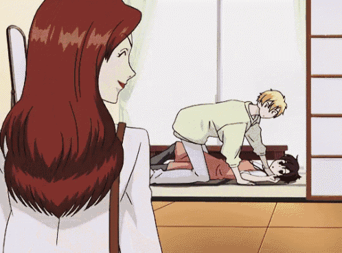 a cartoon of a woman looking at a man laying on another man 's back