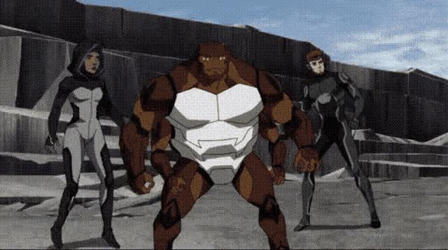 a group of cartoon characters are standing next to each other .