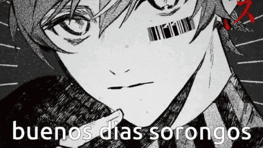 a black and white drawing of a man with a barcode on his face and the words buenos dias sorongos