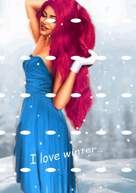 a woman in a blue dress stands in the snow with the words i love winter written below her