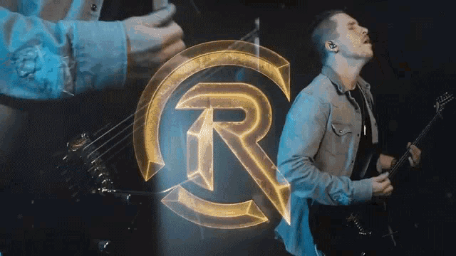 a man playing a guitar in front of a logo that says r.