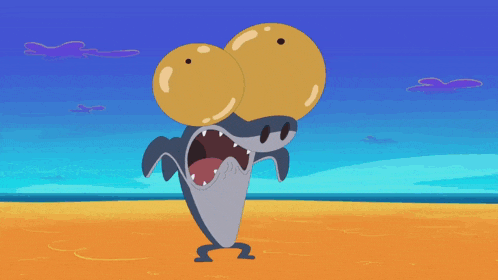 a cartoon crocodile is running on a beach with a blue sky in the background