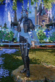 a video game character is standing on a tree stump in front of a house