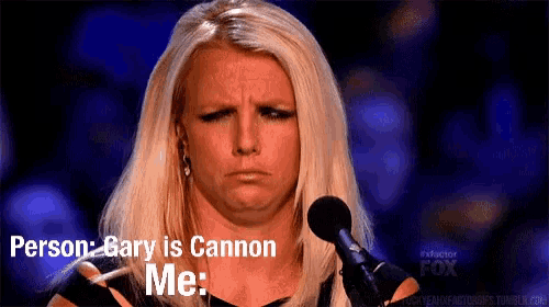 a woman is speaking into a microphone with the words person bary is cannon me written on her face