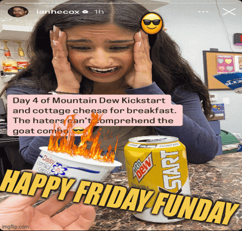 a picture of a woman and a can of mountain dew with the caption happy friday funday