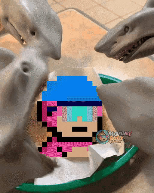 two sharks are eating a pixel art of a person with a blue hat and pink sunglasses