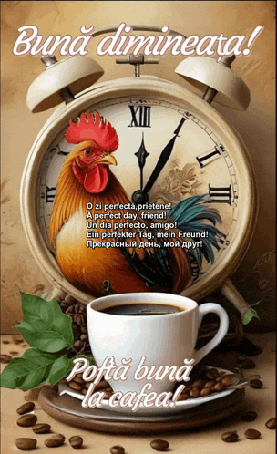 a cup of coffee sits next to a clock that says xii