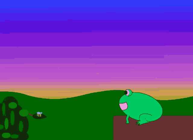 a green frog with a long tongue is looking at a bee