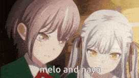 two anime girls are standing next to each other and the words melo and naya are on the screen