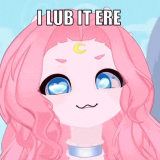 a cartoon girl with pink hair and blue eyes says i lub it ere .