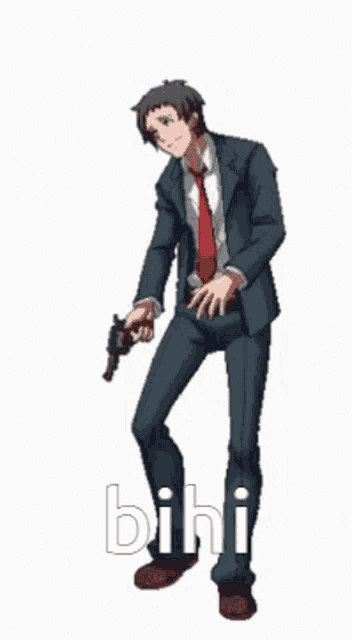 a pixel art of a man in a suit and tie holding a gun with the word bini written on the bottom