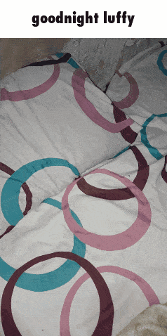 a bed with pink and blue circles on it and the words goodnight luffy