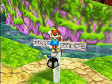 a video game character is sitting on a sign that says nasty nice