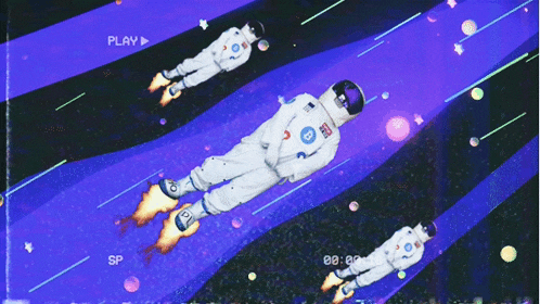 three astronauts are flying through space with a play button in the upper left corner